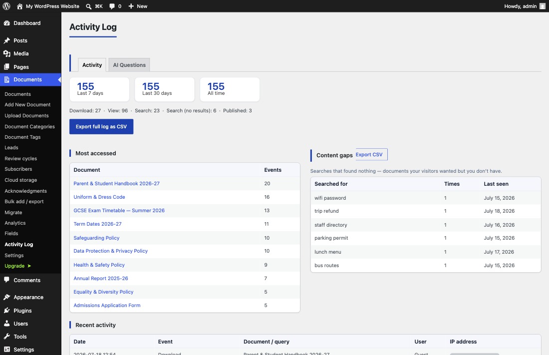 The Activity Log screen in wp-admin recording download activity