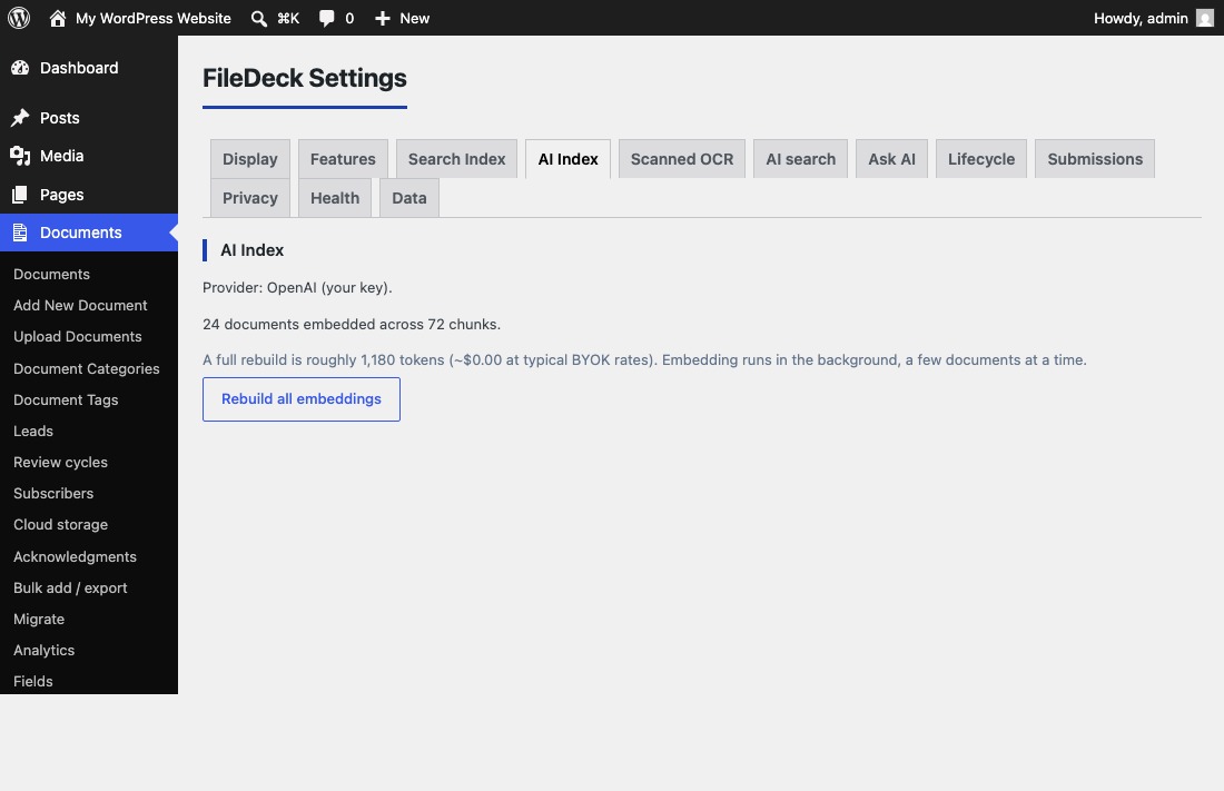 The AI Index tab showing the embedding provider, how many documents are embedded, and the rebuild button