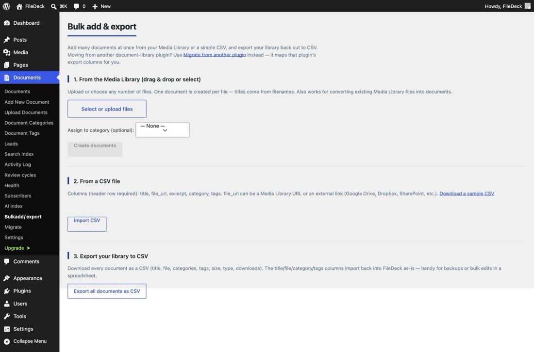 The Bulk add / export screen used for CSV import and export