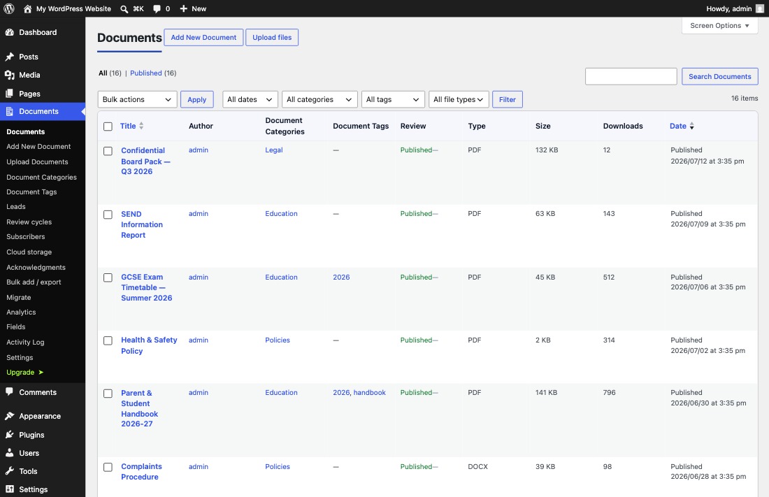 The Documents screen in wp-admin listing documents with categories, type, size, and download counts