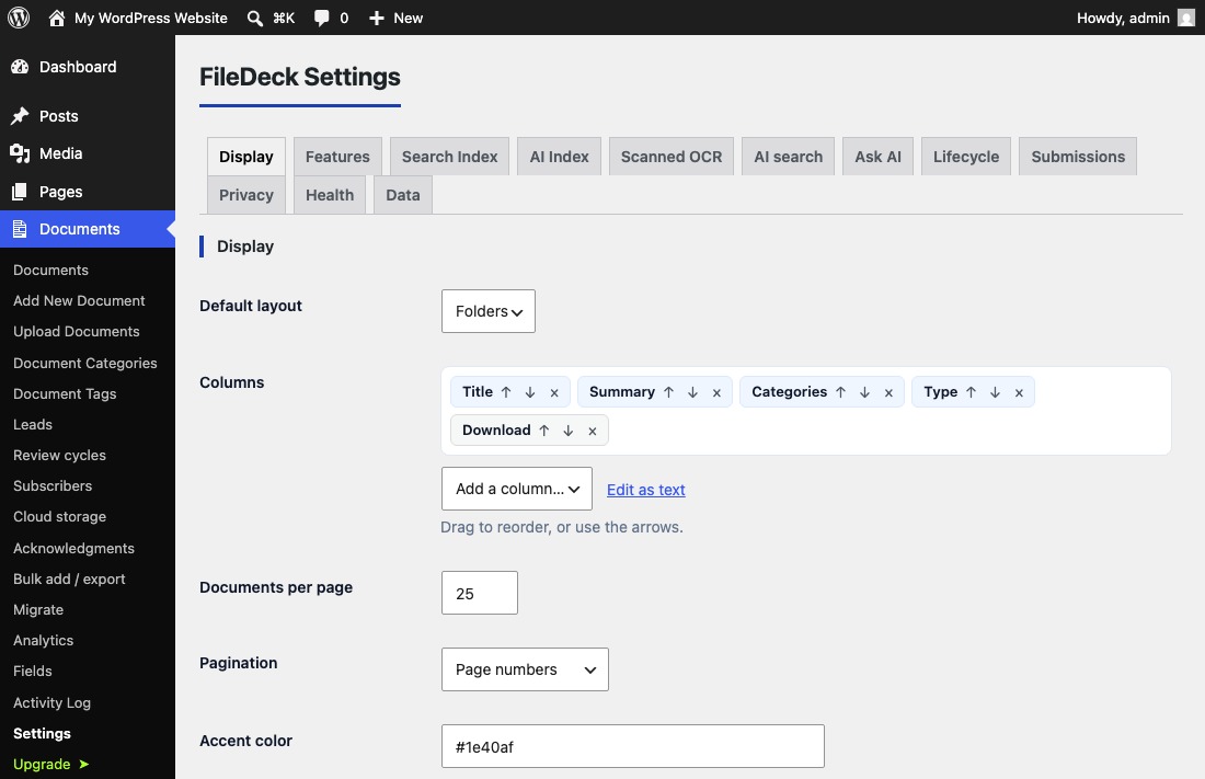 The column manager in FileDeck settings: add or remove columns and drag to reorder