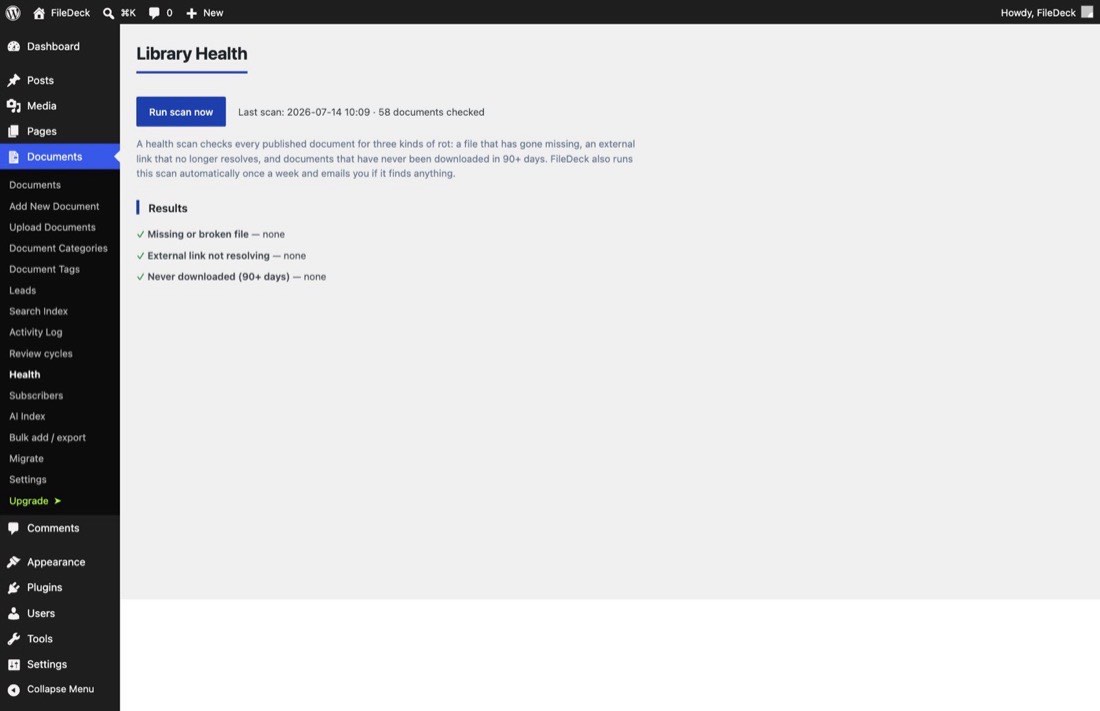 The Library Health screen after a clean scan