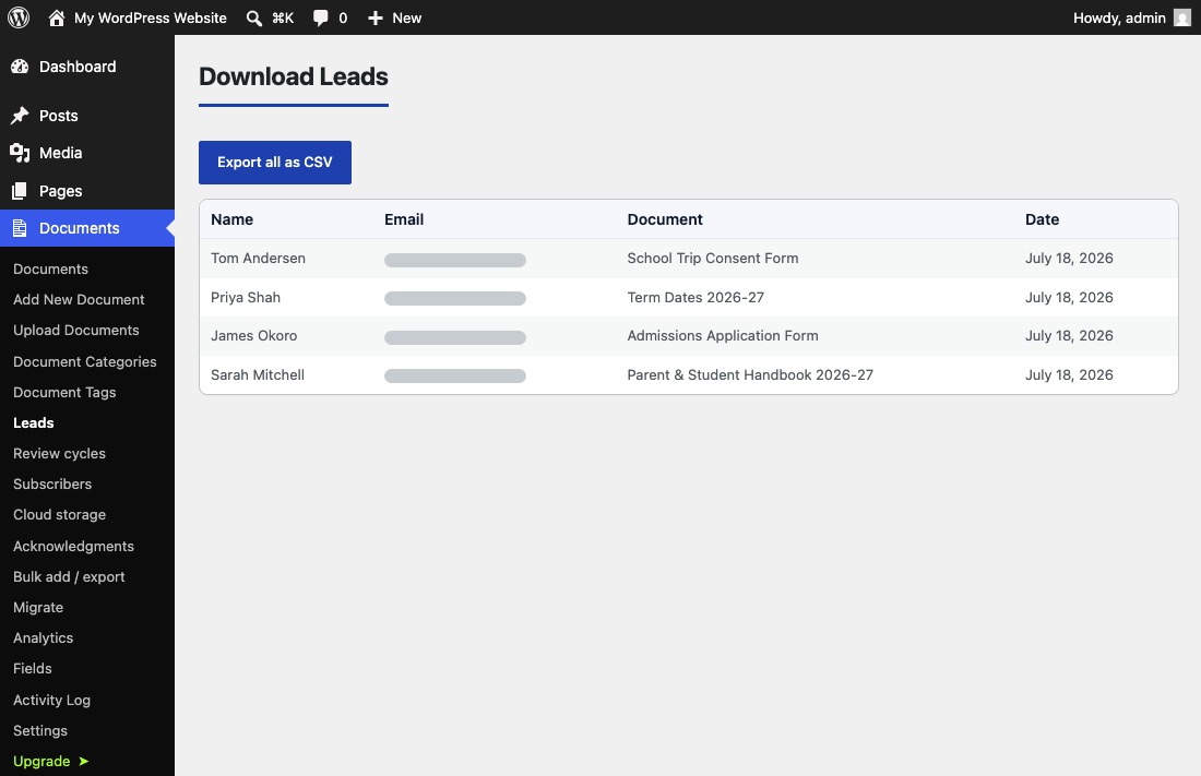 The Leads screen in wp-admin where captured downloader details are stored