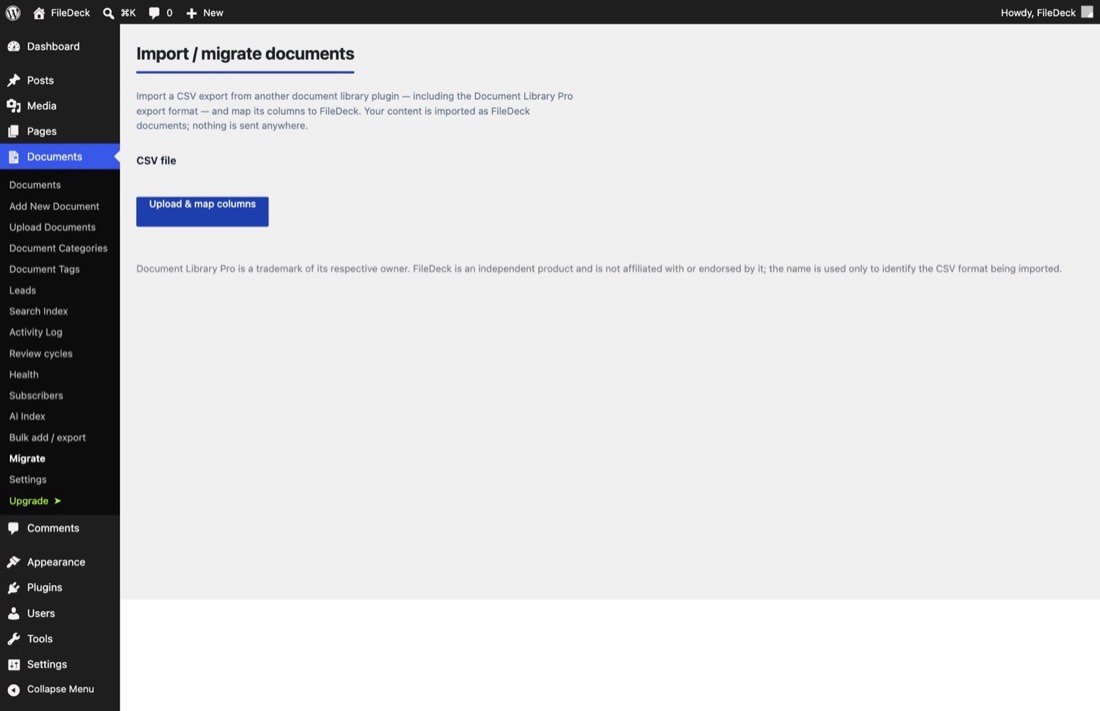 The Migrate screen: upload a CSV export from another plugin and map its columns