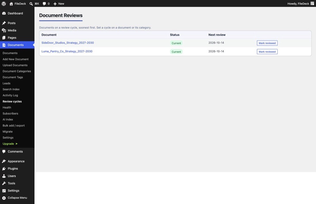 The Document Reviews screen with review status and next-review dates