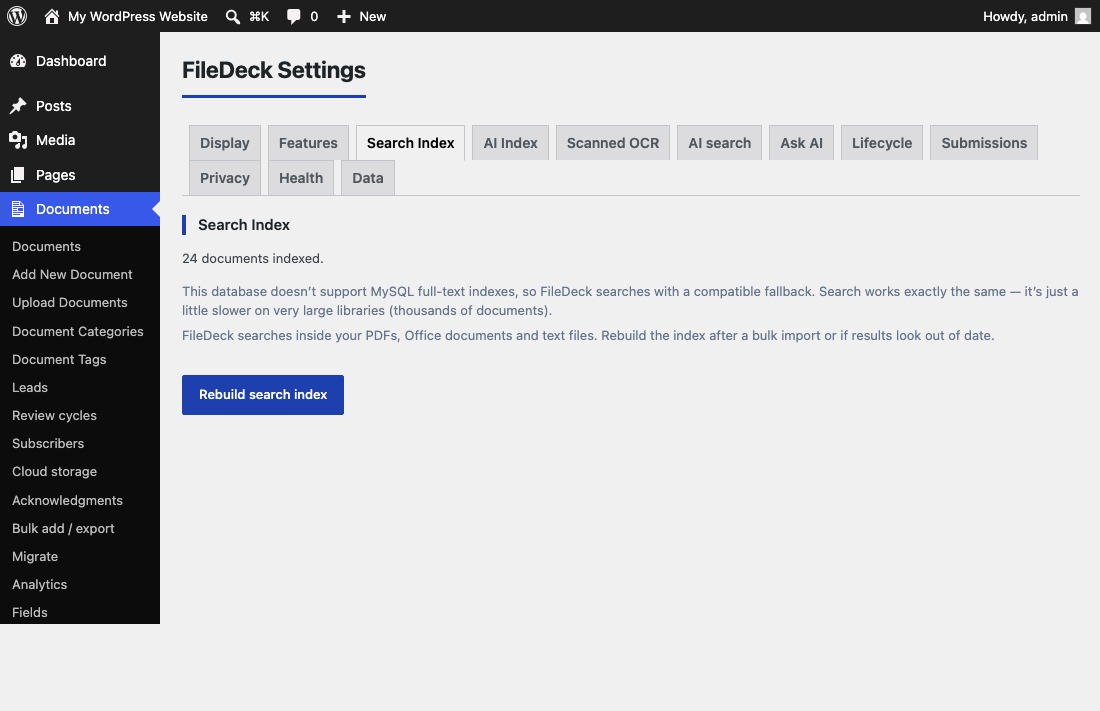 The Search Index tab showing indexed documents and the rebuild button