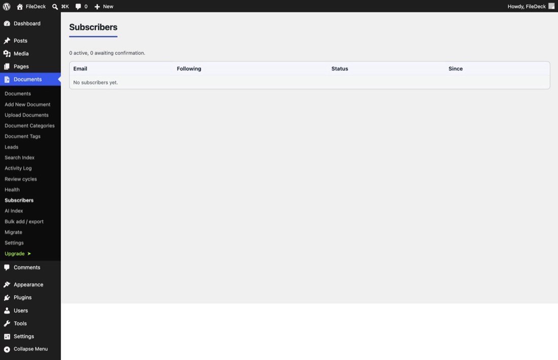 The Subscribers screen listing email subscriptions