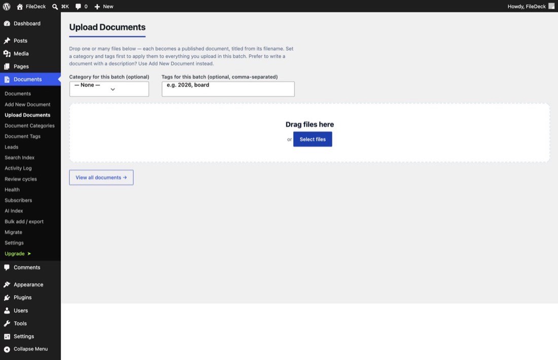 The Upload Documents screen with batch category and tag fields