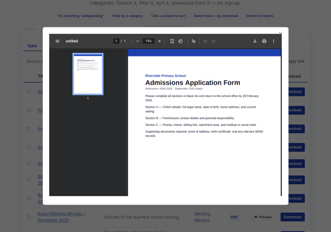 The preview lightbox rendering a PDF without downloading it