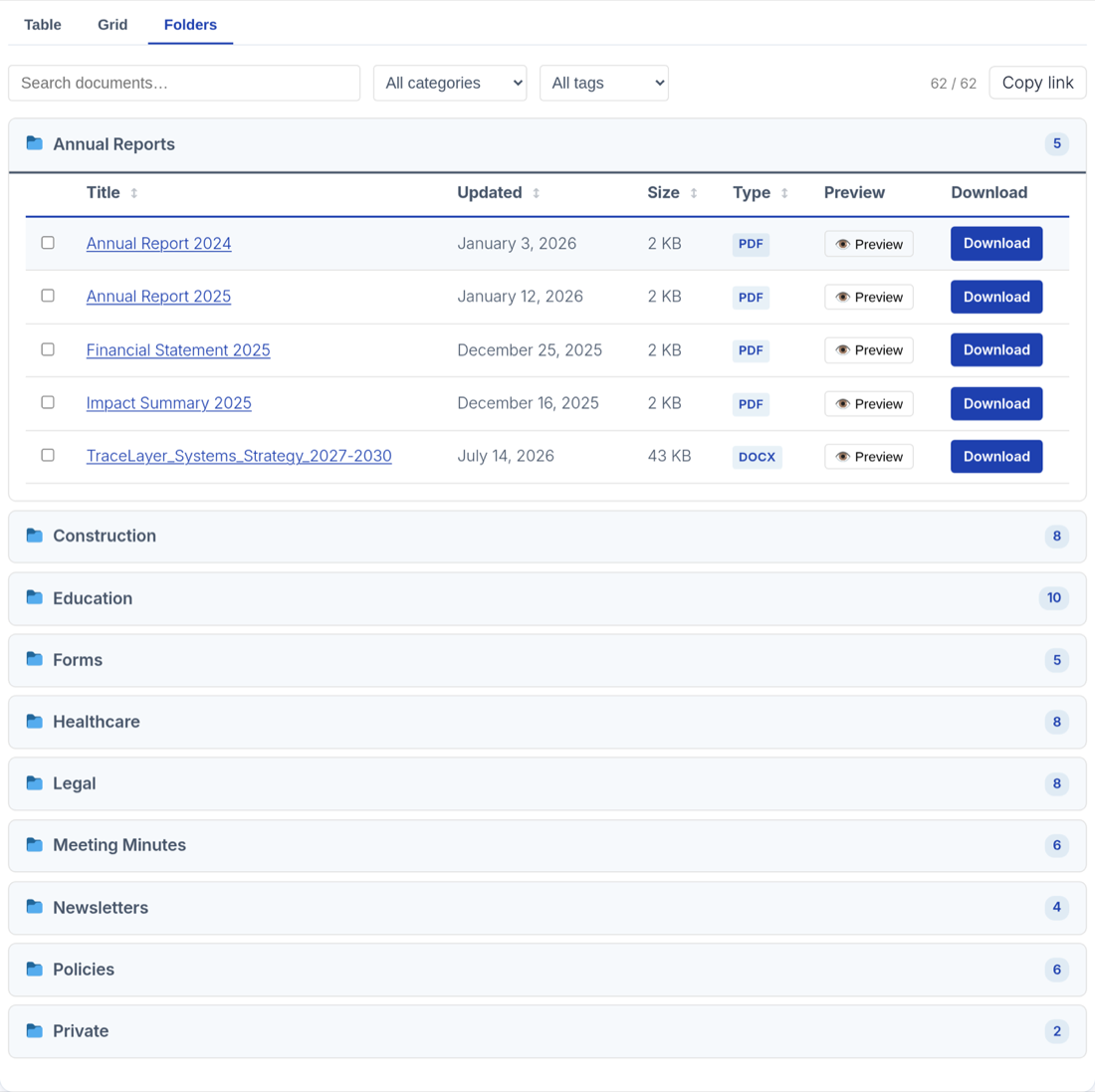 The FileDeck folder layout with one category folder expanded to show its documents