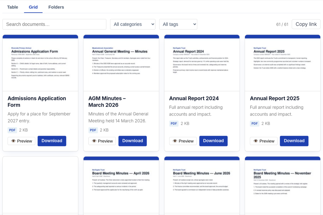The FileDeck grid layout showing document cards with thumbnails, file type, size, preview, and download