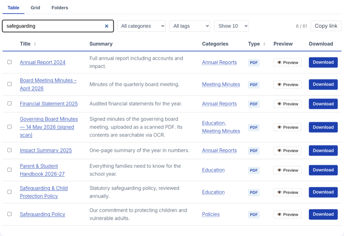 Instant search narrowing the library as you type, with the match count updating