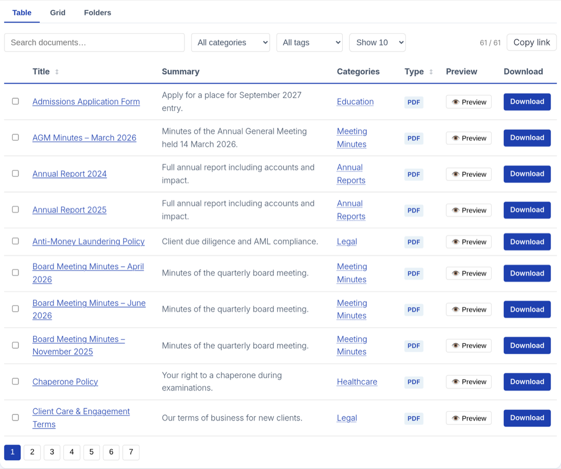 A finished FileDeck document library rendered with the table layout